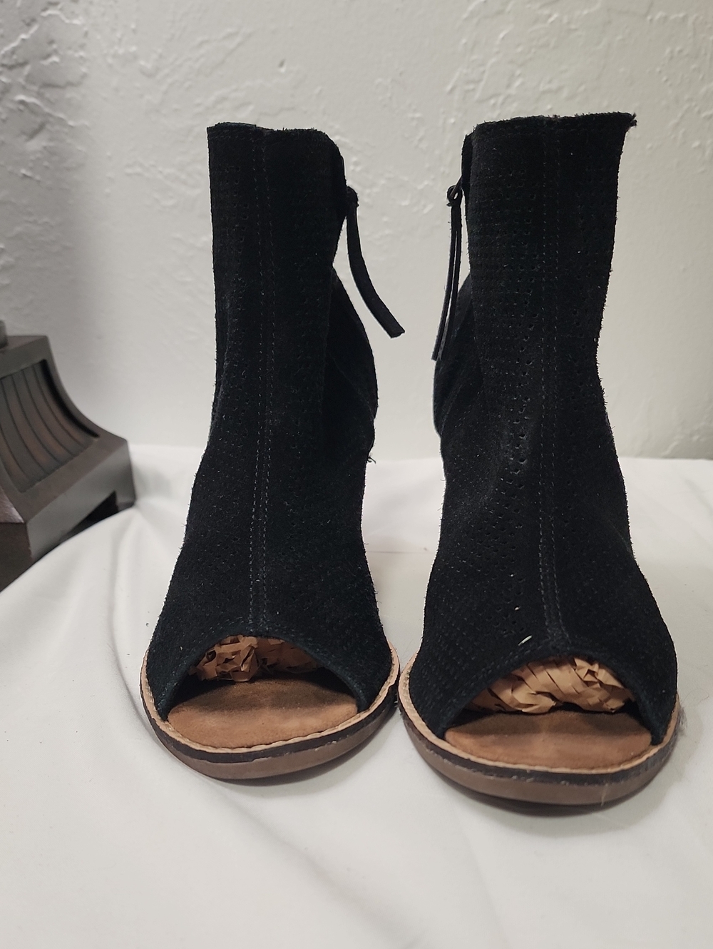 Toms Black Suede Peep-Toe Ankle Booties with Back Zip